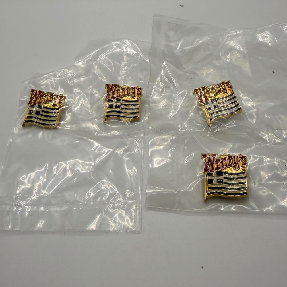 Lot of 4 Vintage Wendy's Greek Flag Enamel Lapel Pins Gold Tone Fast Food Greece
